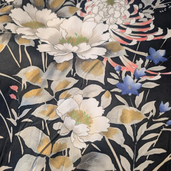 VTG 100% Silk Mid-Century Japanese Kimono Robe Navy Blue Floral Mid - Picture 4 of 8